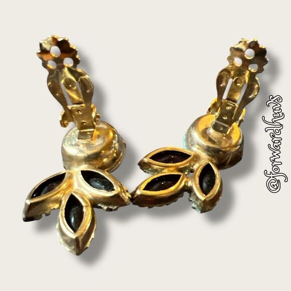 Vintage Opalescent and Ruby Glass Dangle Earrings | Gold-Toned Metal - Picture 5 of 12